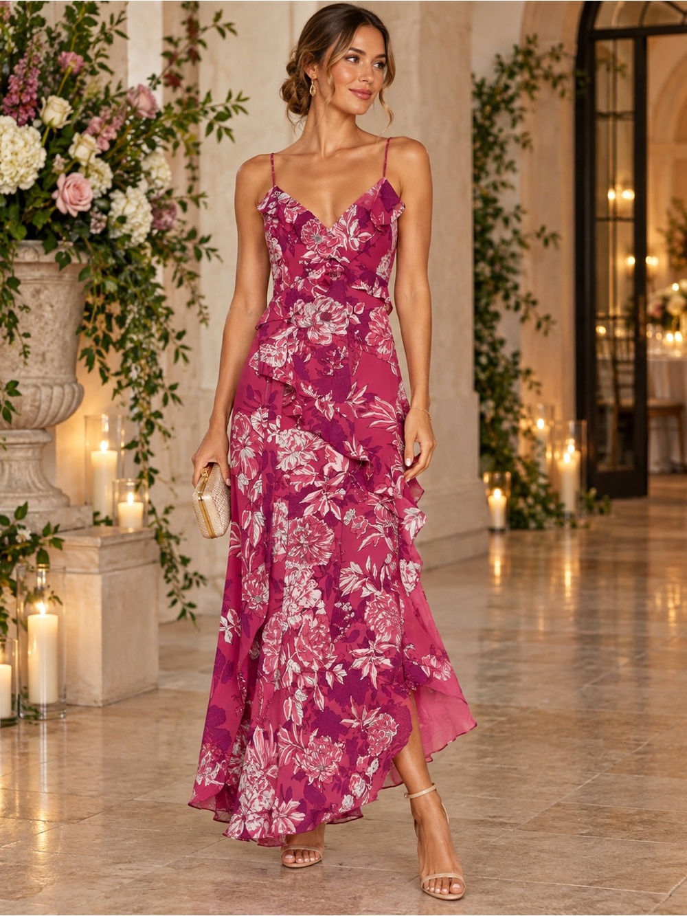 Zara Magenta Floral Ruffle Maxi Dress